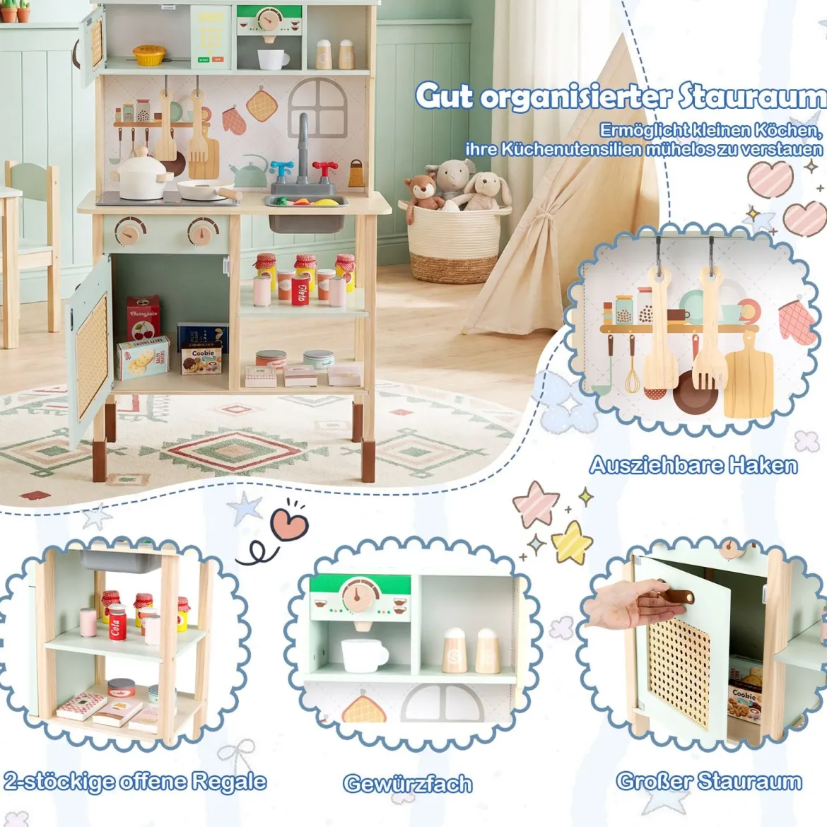 Holzküche für Kinder Spielküche aus Holz mit Licht & Sound Kinderküche mit Zubehör Grün