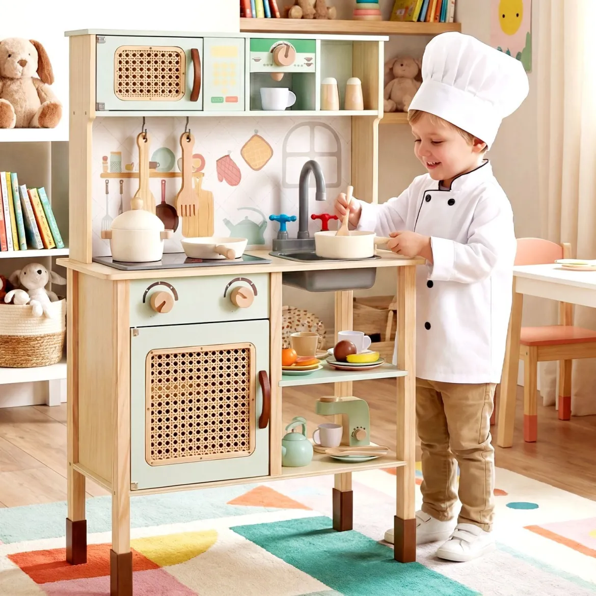 Holzküche für Kinder Spielküche aus Holz mit Licht & Sound Kinderküche mit Zubehör Grün