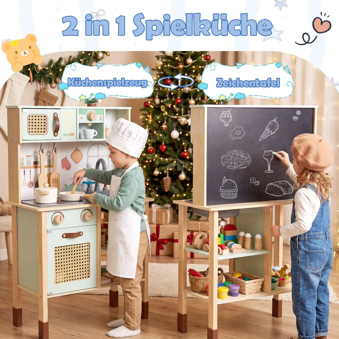Holzküche für Kinder Spielküche aus Holz mit Licht & Sound Kinderküche mit Zubehör Grün