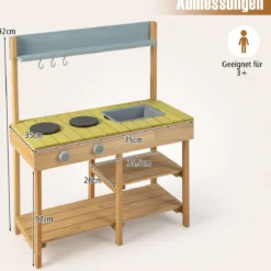 Holzküche im Freien stabile Kinderspielküche mit 3 Haken 2 Herden abnehmbarem Wasserbecken Natur