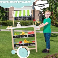 Holz Kinder Eiswagen mit 6 Eiscreme & 2 Ablagen & Waage & Glocke Kaufladen Grün