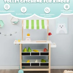Holz Kinder Eiswagen mit 6 Eiscreme & 2 Ablagen & Waage & Glocke Kaufladen Grün