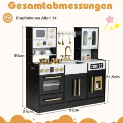 Holz Kinderküche mit Herd & Spüle Holzküche mit Licht & Sound Spielküche inkl. Zubehör Schwarz