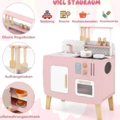 Holz Kinderküche mit Kochgeschirr Holz Spielküche mit Herd & Spüle Küchen Spielset Rosa