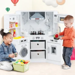 Holz Kinderküche mit Licht & Sound & Wasserspender & Waschmaschine & Zubehör Spielküche
