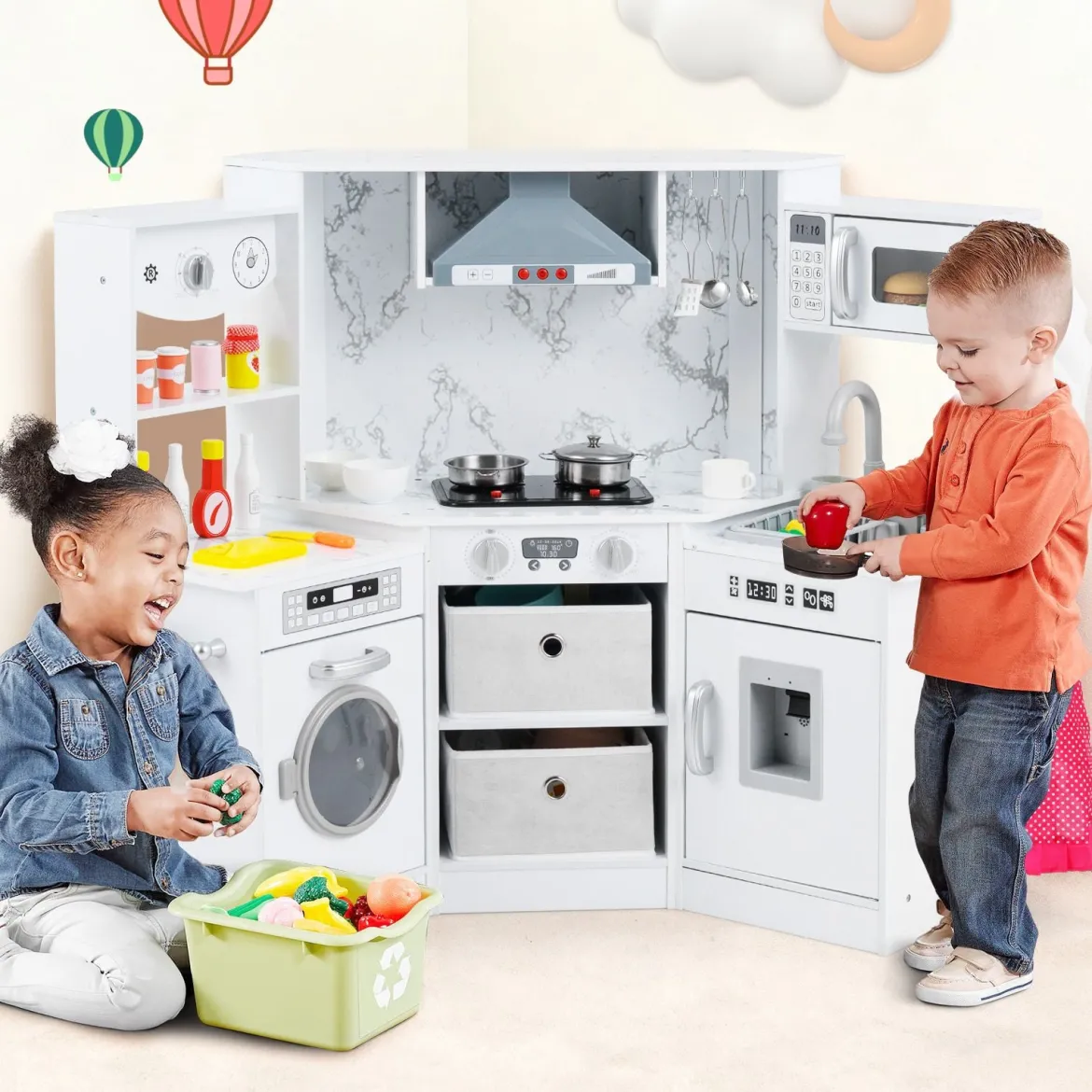 Holz Kinderküche mit Licht & Sound & Wasserspender & Waschmaschine & Zubehör Spielküche