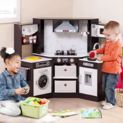 Holz Kinderküche mit Licht & Sound & Wasserspender & Waschmaschine & Zubehör Spielküche