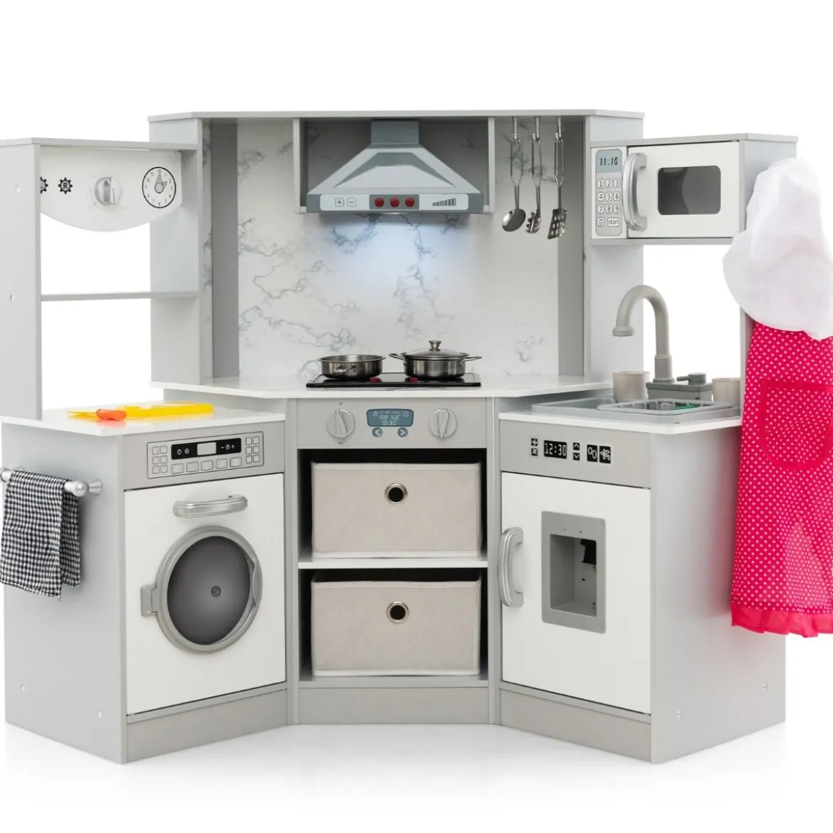 Holz Kinderküche mit Licht & Sound & Wasserspender & Waschmaschine & Zubehör Spielküche