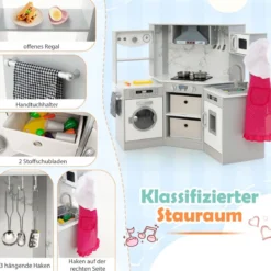 Holz Kinderküche mit Licht & Sound & Wasserspender & Waschmaschine & Zubehör Spielküche