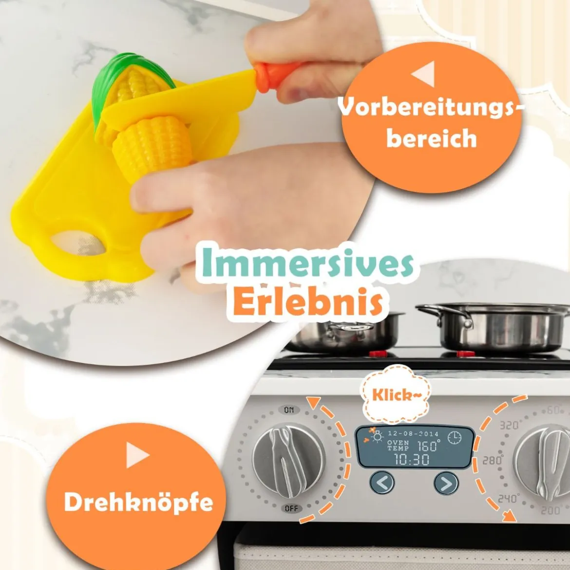 Holz Kinderküche mit Licht & Sound & Wasserspender & Waschmaschine & Zubehör Spielküche