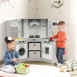 Holz Kinderküche mit Licht & Sound & Wasserspender & Waschmaschine & Zubehör Spielküche