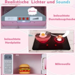 Holz Kinderküche mit Licht & Sound & Wasserspender & Waschmaschine & Zubehör Spielküche