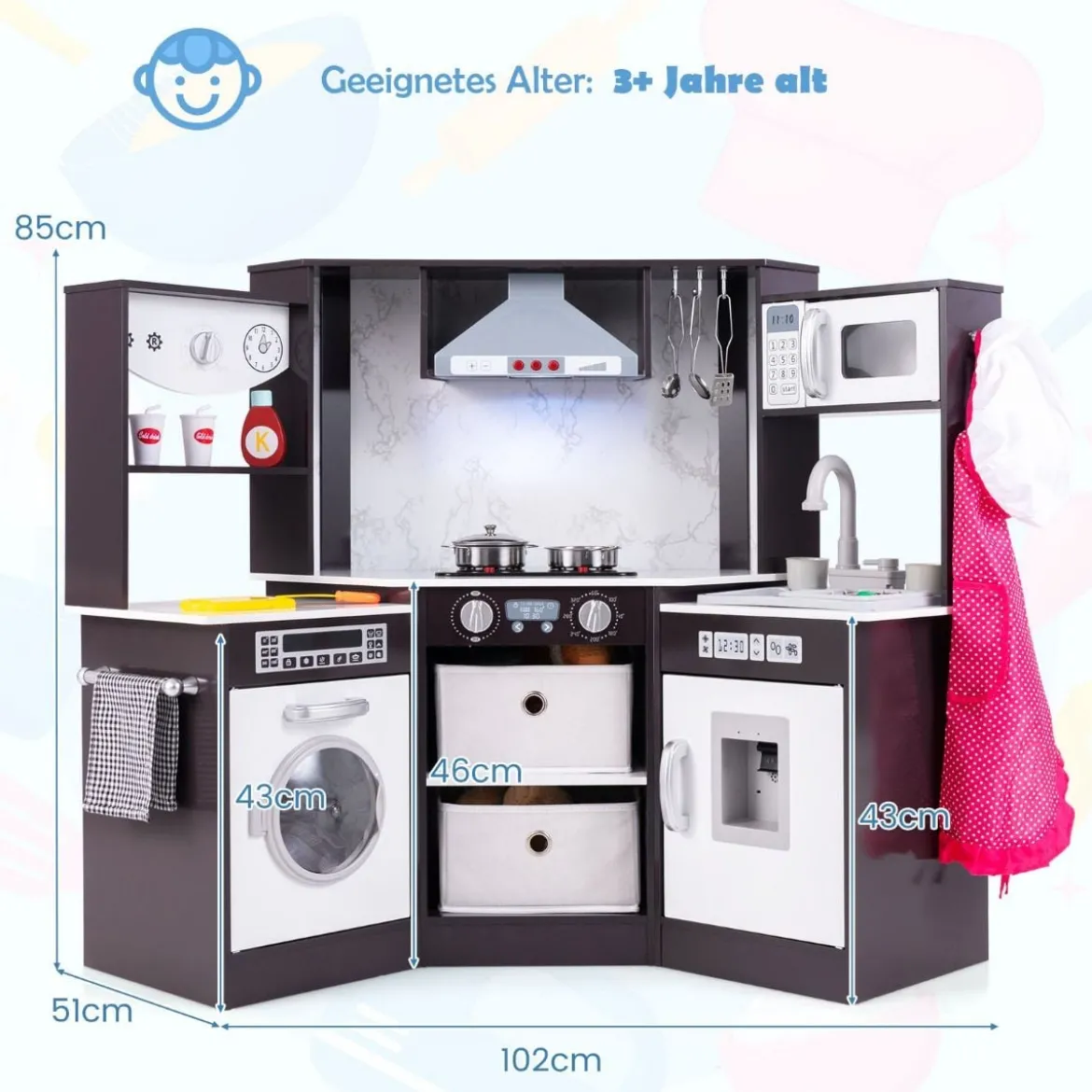 Holz Kinderküche mit Licht & Sound & Wasserspender & Waschmaschine & Zubehör Spielküche