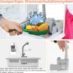 Holz Kinderküche mit Licht & Sound & Wasserspender & Waschmaschine & Zubehör Spielküche
