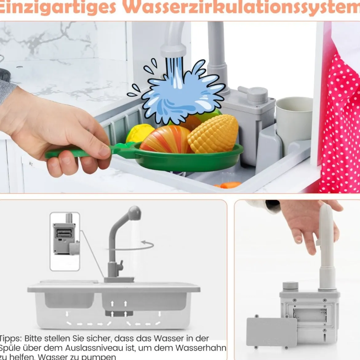 Holz Kinderküche mit Licht & Sound & Wasserspender & Waschmaschine & Zubehör Spielküche