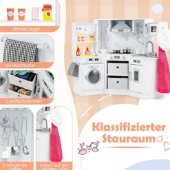 Holz Kinderküche mit Licht & Sound & Wasserspender & Waschmaschine & Zubehör Spielküche