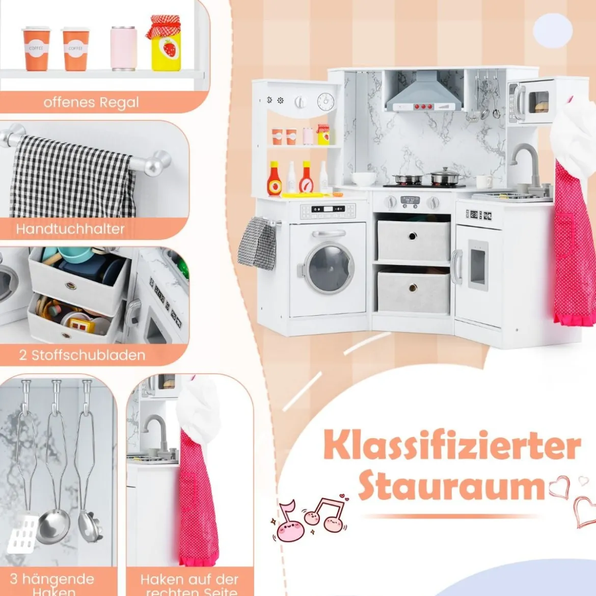 Holz Kinderküche mit Licht & Sound & Wasserspender & Waschmaschine & Zubehör Spielküche