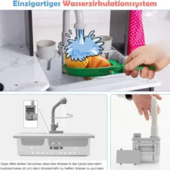 Holz Kinderküche mit Licht & Sound & Wasserspender & Waschmaschine & Zubehör Spielküche