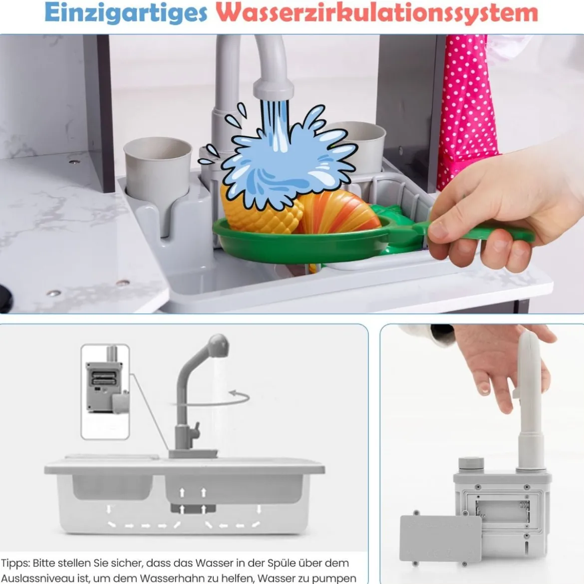 Holz Kinderküche mit Licht & Sound & Wasserspender & Waschmaschine & Zubehör Spielküche