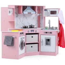 Holz Kinderküche mit Licht & Sound & Wasserspender & Waschmaschine & Zubehör Spielküche