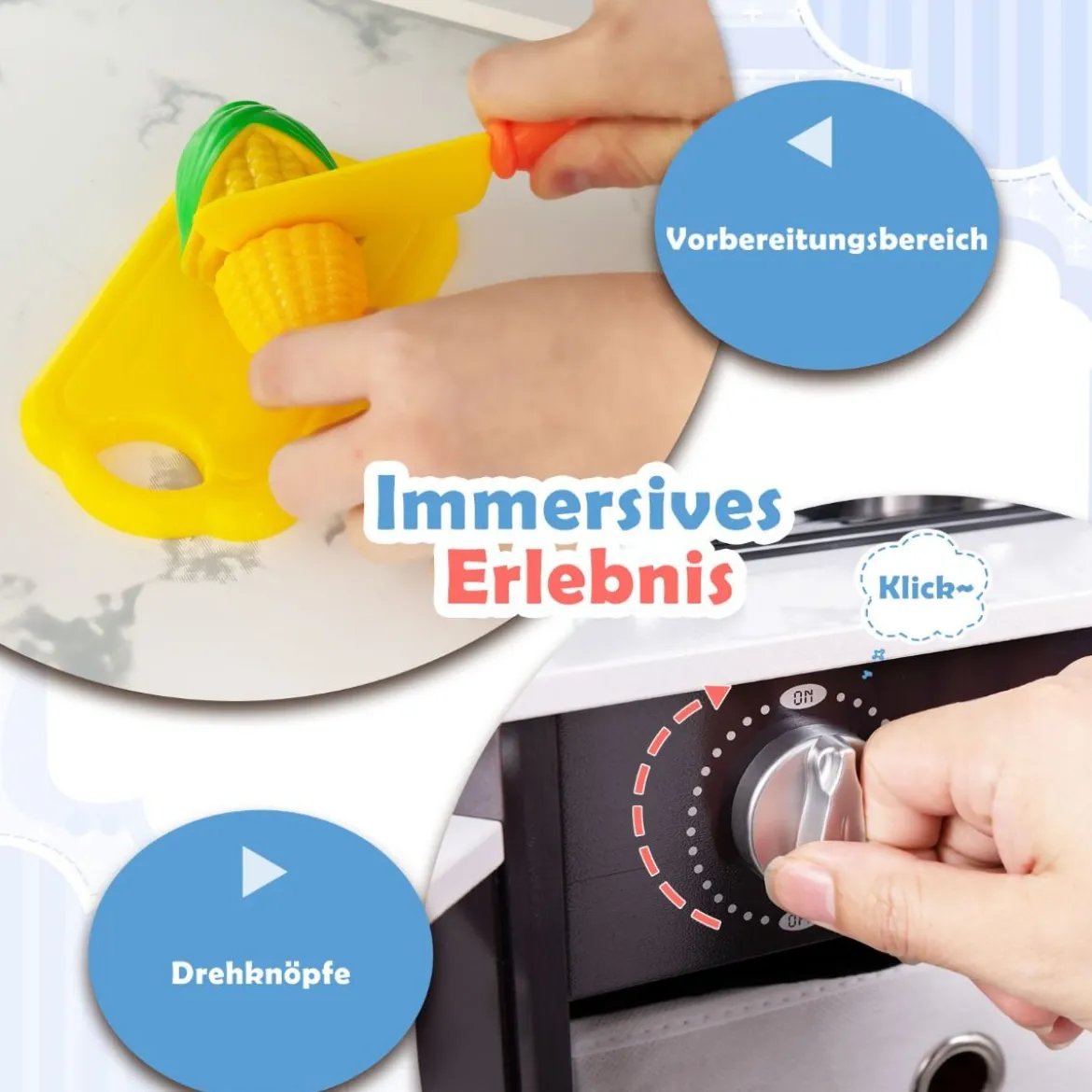 Holz Kinderküche mit Licht & Sound & Wasserspender & Waschmaschine & Zubehör Spielküche