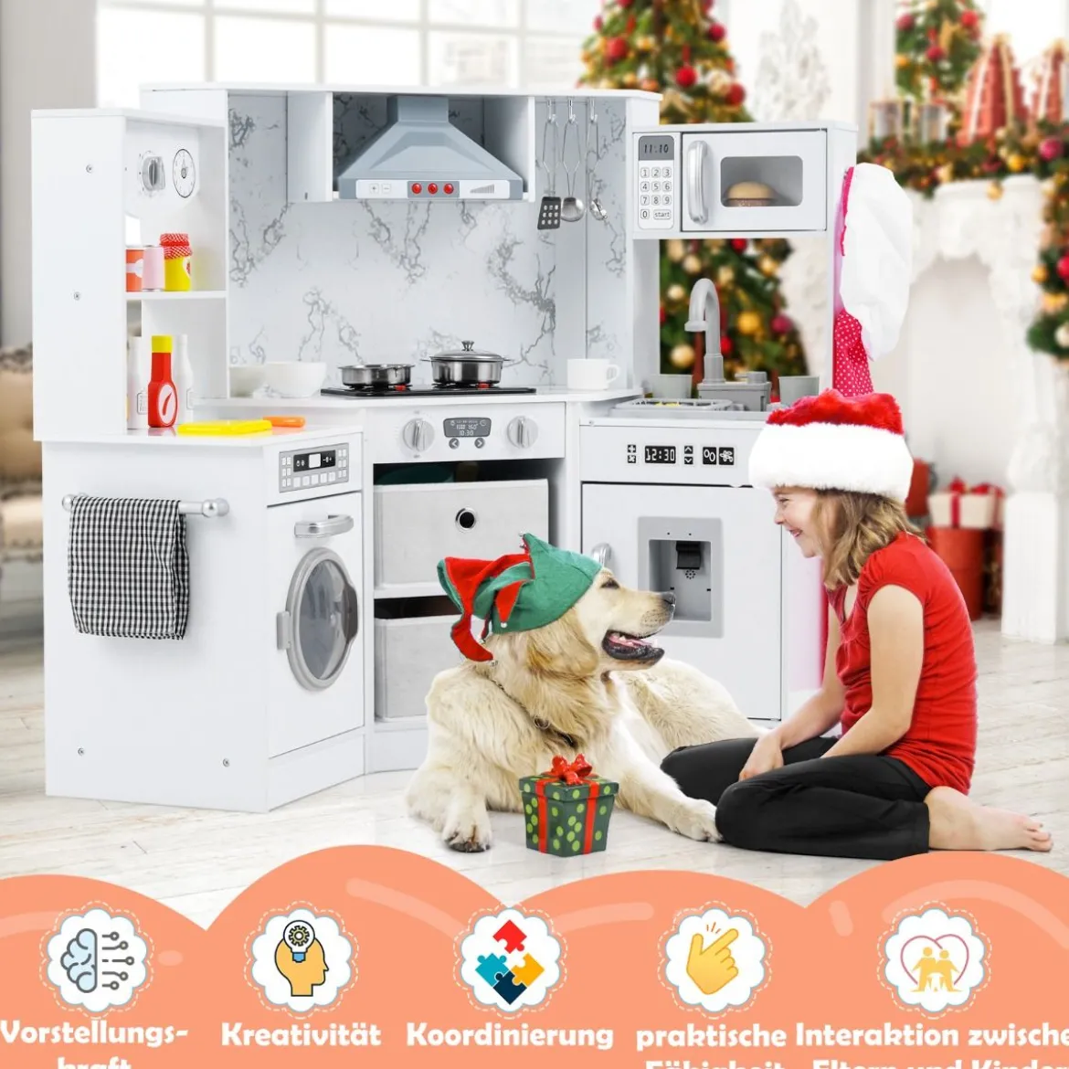 Holz Kinderküche mit Licht & Sound & Wasserspender & Waschmaschine & Zubehör Spielküche