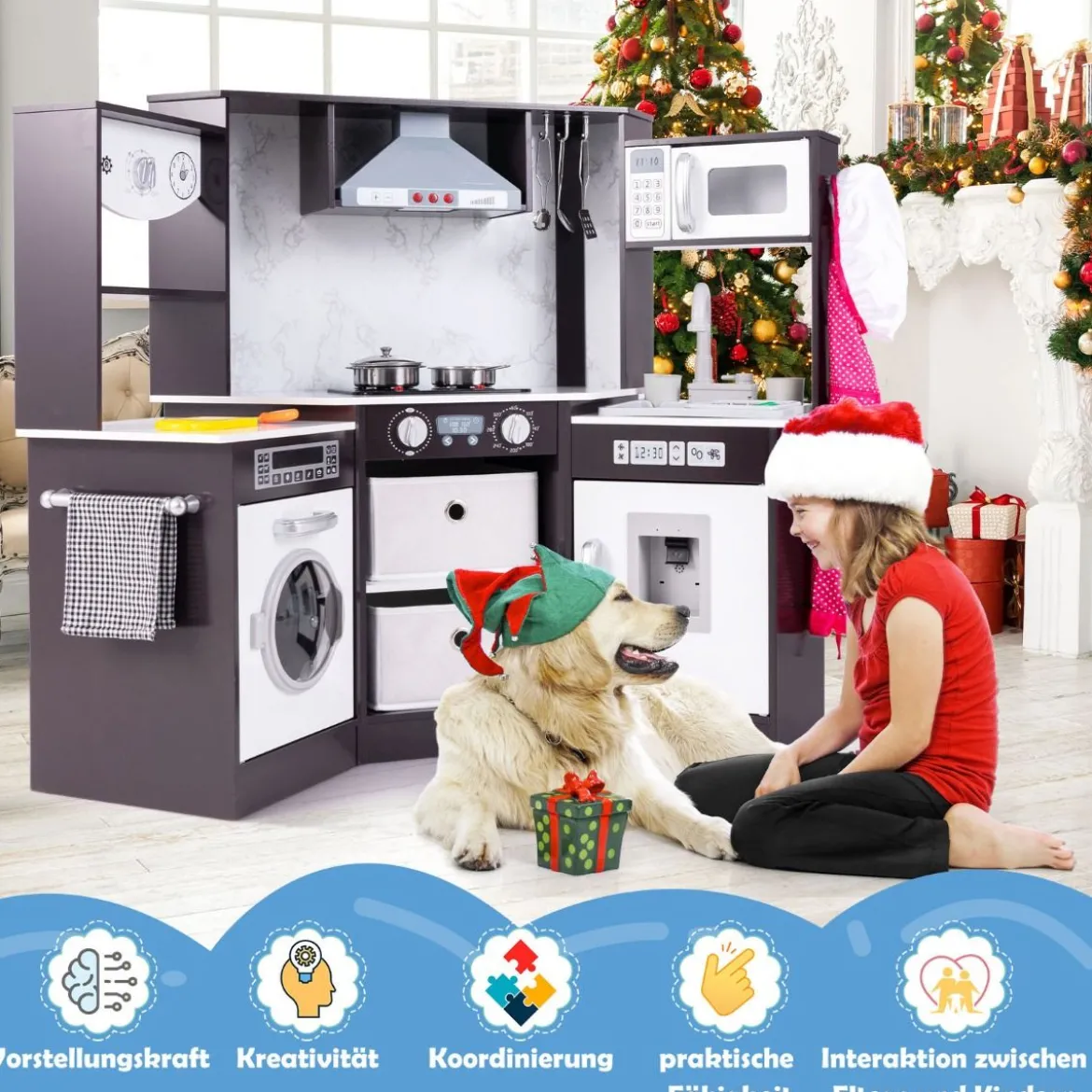 Holz Kinderküche mit Licht & Sound & Wasserspender & Waschmaschine & Zubehör Spielküche