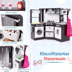 Holz Kinderküche mit Licht & Sound & Wasserspender & Waschmaschine & Zubehör Spielküche