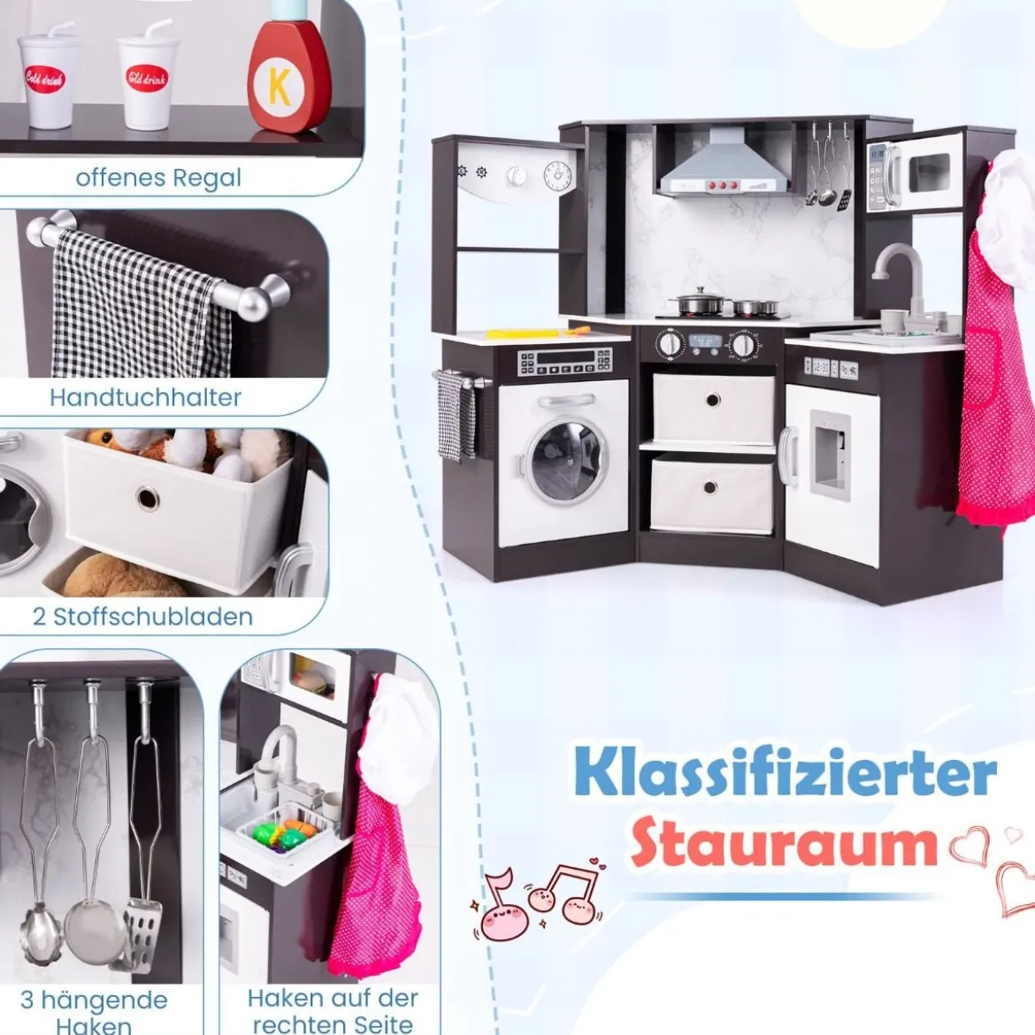 Holz Kinderküche mit Licht & Sound & Wasserspender & Waschmaschine & Zubehör Spielküche