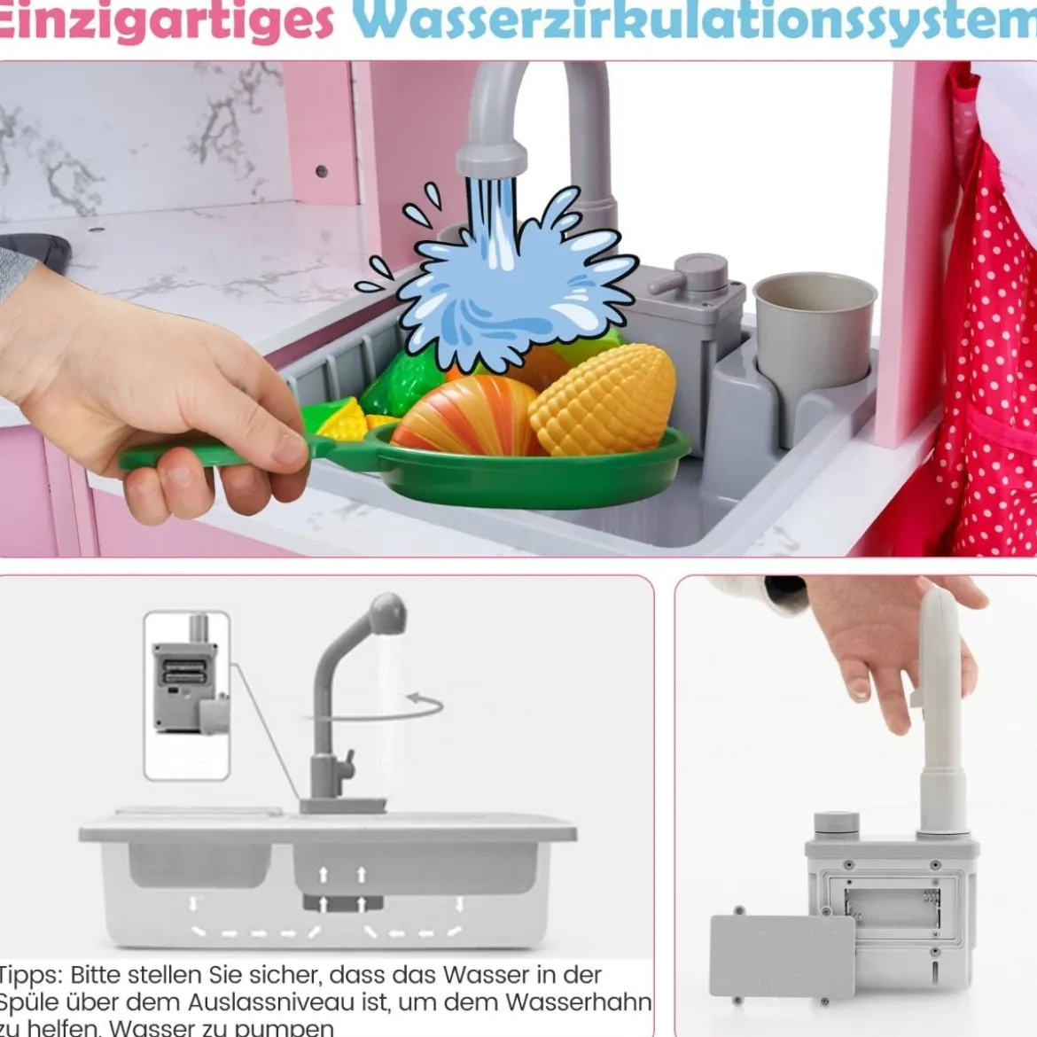 Holz Kinderküche mit Licht & Sound & Wasserspender & Waschmaschine & Zubehör Spielküche
