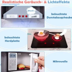 Holz Kinderküche mit Licht & Sound & Wasserspender & Waschmaschine & Zubehör Spielküche