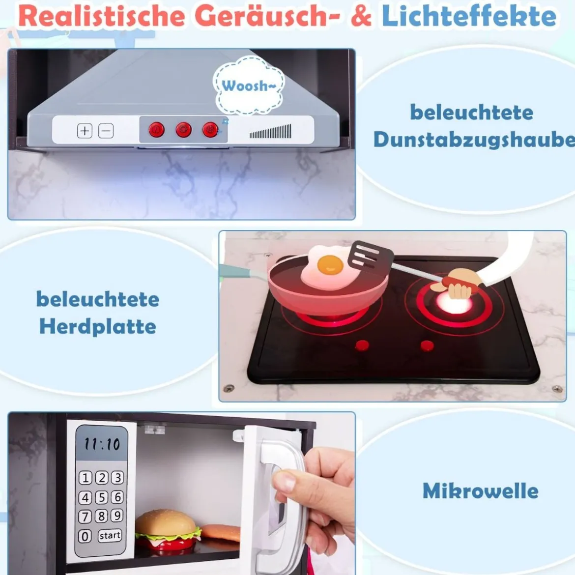 Holz Kinderküche mit Licht & Sound & Wasserspender & Waschmaschine & Zubehör Spielküche