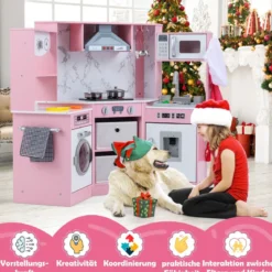 Holz Kinderküche mit Licht & Sound & Wasserspender & Waschmaschine & Zubehör Spielküche