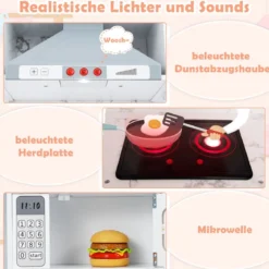 Holz Kinderküche mit Licht & Sound & Wasserspender & Waschmaschine & Zubehör Spielküche