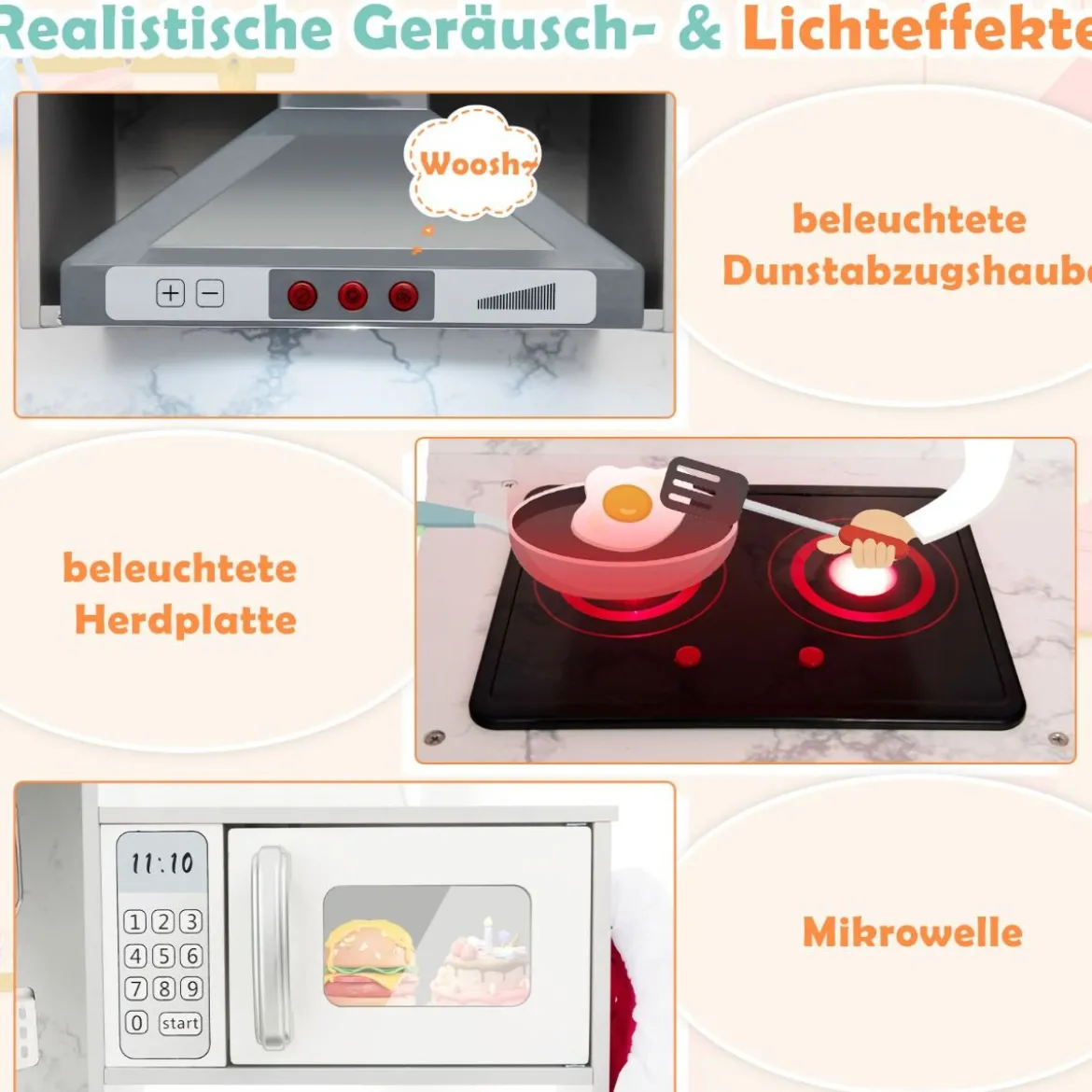 Holz Kinderküche mit Licht & Sound & Wasserspender & Waschmaschine & Zubehör Spielküche