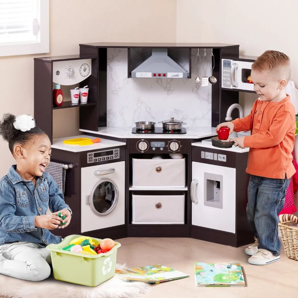 Holz Kinderküche mit Licht & Sound & Wasserspender & Waschmaschine & Zubehör Spielküche