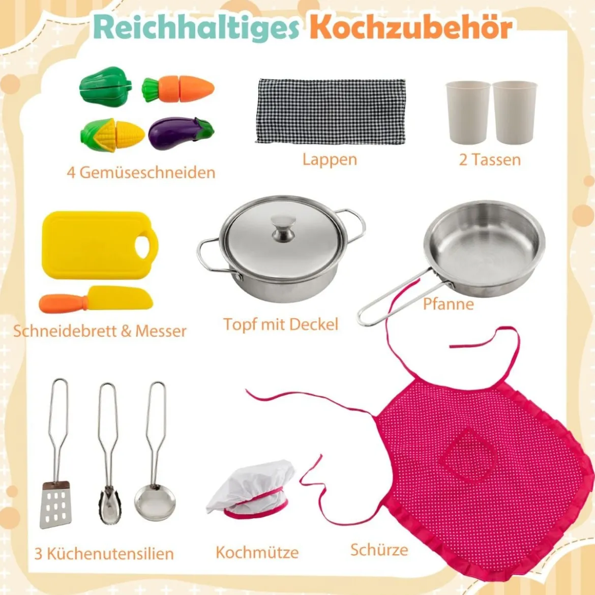 Holz Kinderküche mit Licht & Sound & Wasserspender & Waschmaschine & Zubehör Spielküche