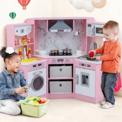 Holz Kinderküche mit Licht & Sound & Wasserspender & Waschmaschine & Zubehör Spielküche