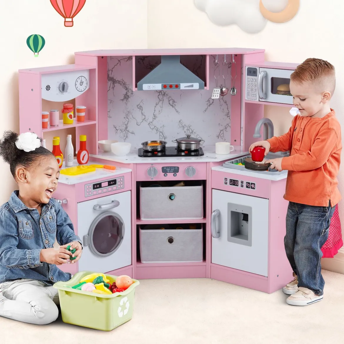 Holz Kinderküche mit Licht & Sound & Wasserspender & Waschmaschine & Zubehör Spielküche