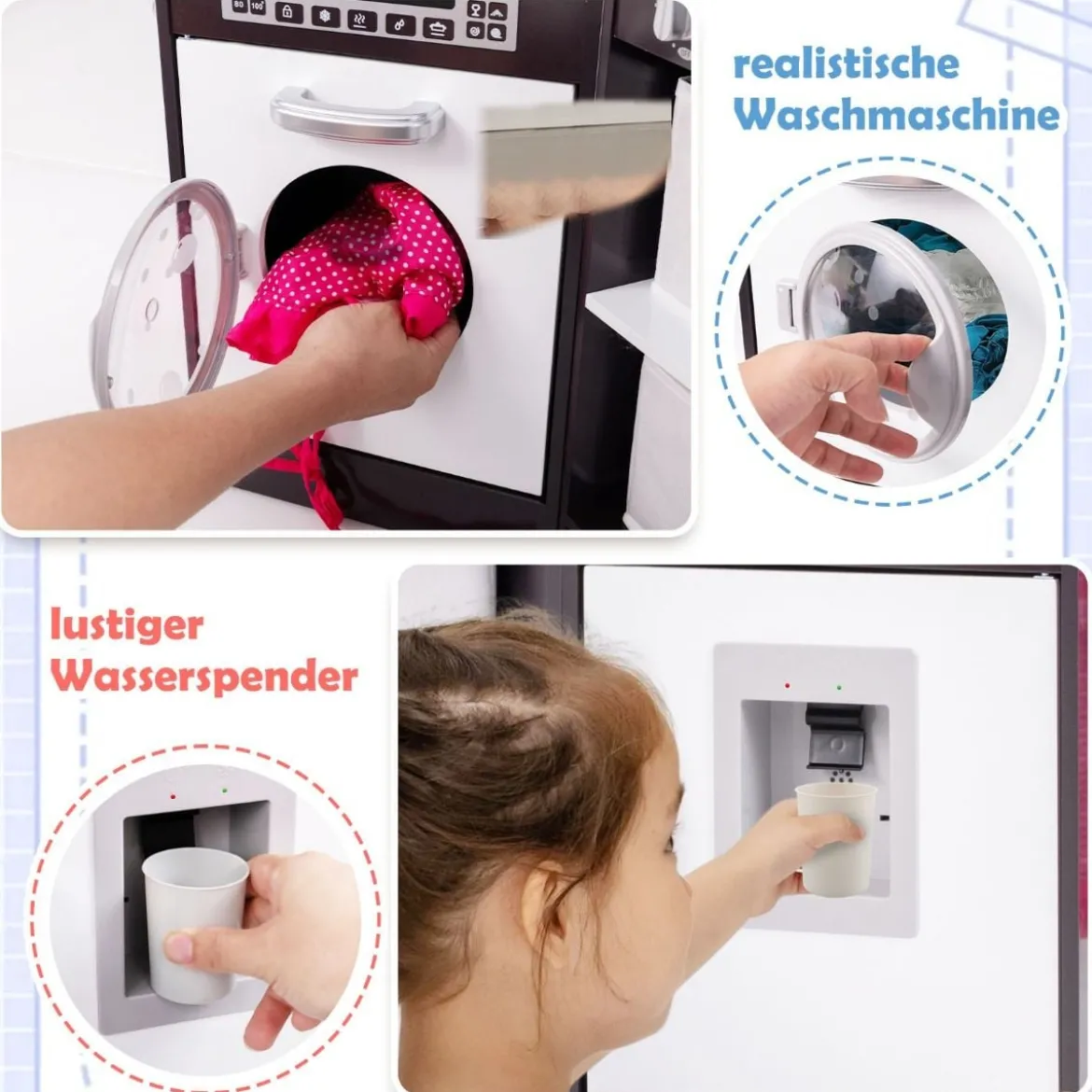 Holz Kinderküche mit Licht & Sound & Wasserspender & Waschmaschine & Zubehör Spielküche