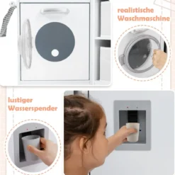 Holz Kinderküche mit Licht & Sound & Wasserspender & Waschmaschine & Zubehör Spielküche