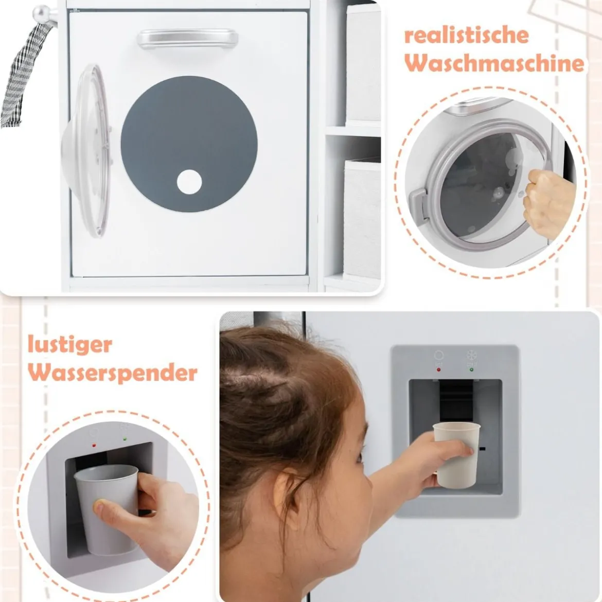 Holz Kinderküche mit Licht & Sound & Wasserspender & Waschmaschine & Zubehör Spielküche