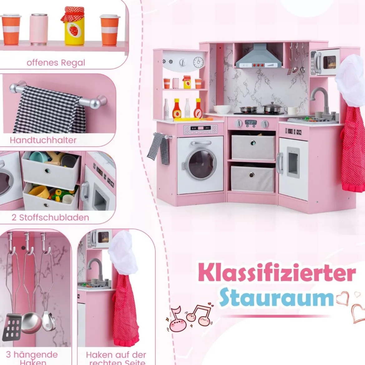 Holz Kinderküche mit Licht & Sound & Wasserspender & Waschmaschine & Zubehör Spielküche