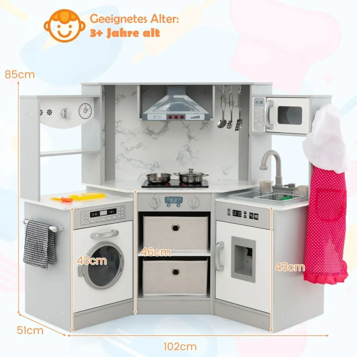 Holz Kinderküche mit Licht & Sound & Wasserspender & Waschmaschine & Zubehör Spielküche