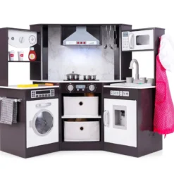 Holz Kinderküche mit Licht & Sound & Wasserspender & Waschmaschine & Zubehör Spielküche