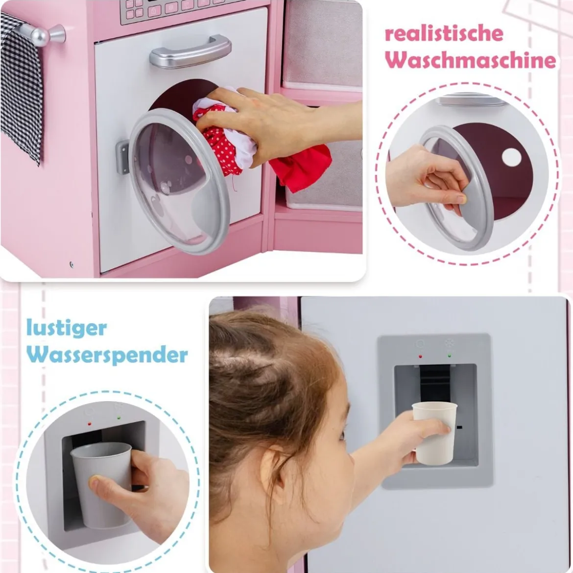 Holz Kinderküche mit Licht & Sound & Wasserspender & Waschmaschine & Zubehör Spielküche