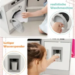 Holz Kinderküche mit Licht & Sound & Wasserspender & Waschmaschine & Zubehör Spielküche