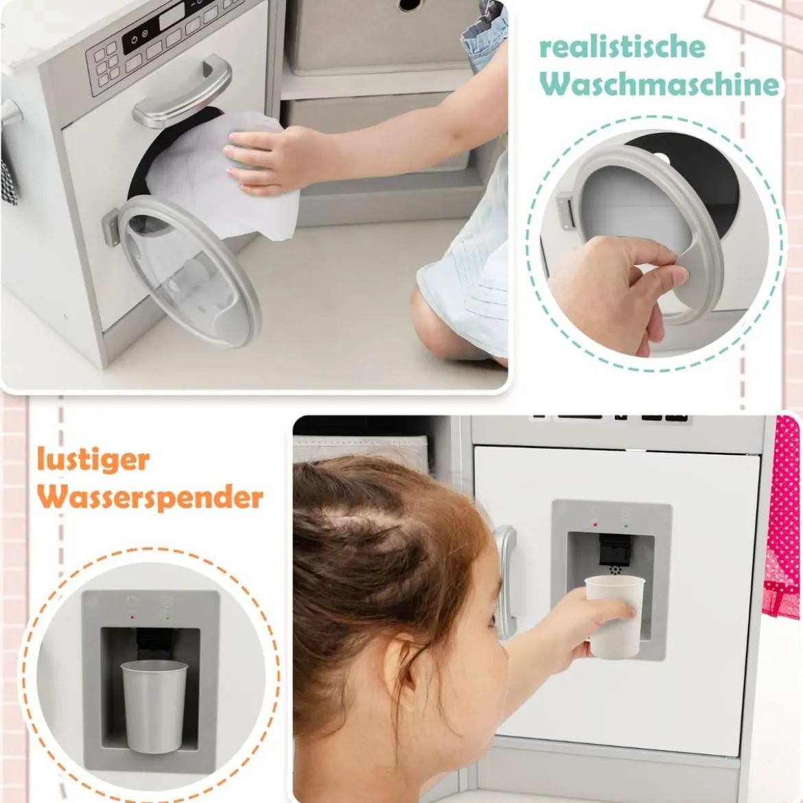 Holz Kinderküche mit Licht & Sound & Wasserspender & Waschmaschine & Zubehör Spielküche