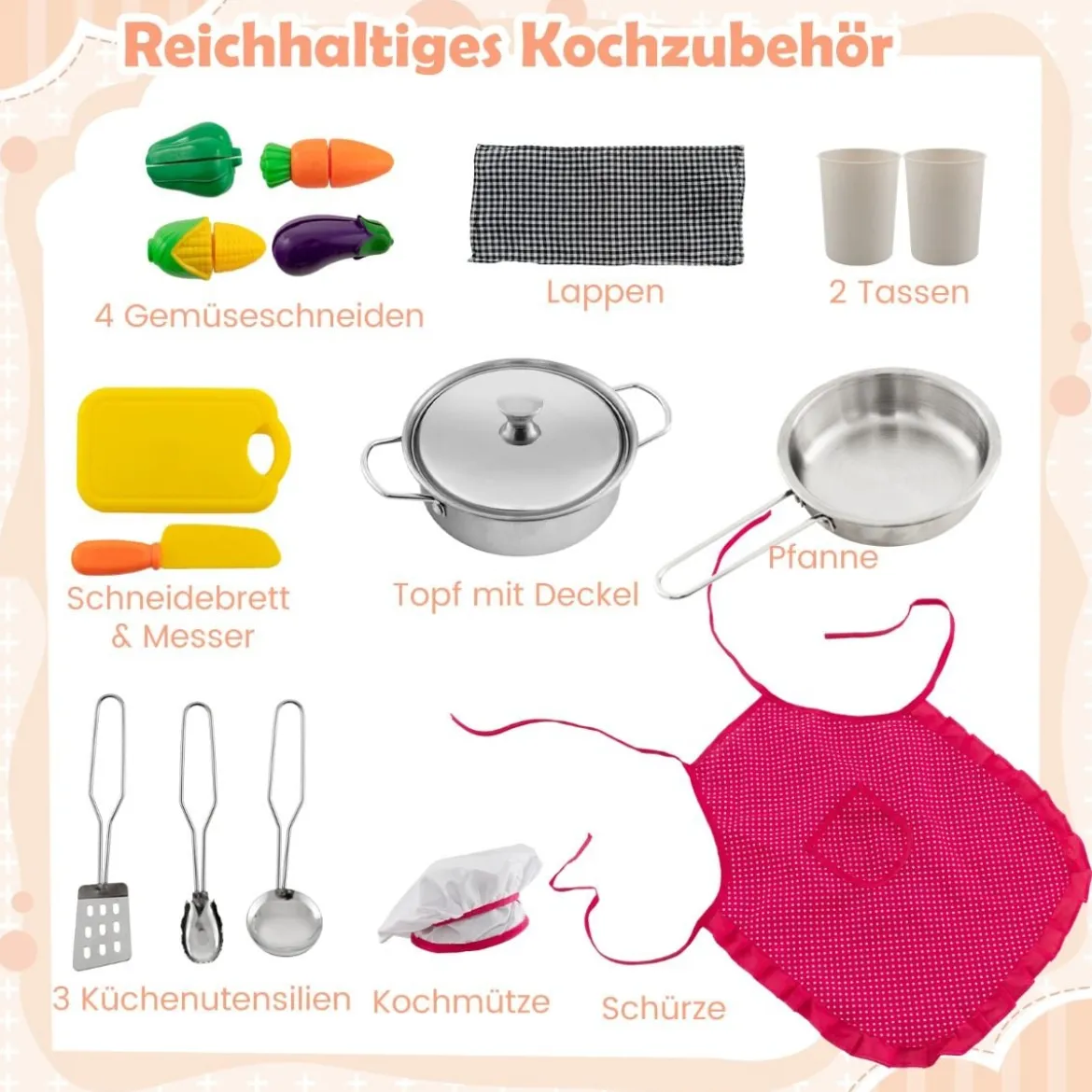 Holz Kinderküche mit Licht & Sound & Wasserspender & Waschmaschine & Zubehör Spielküche