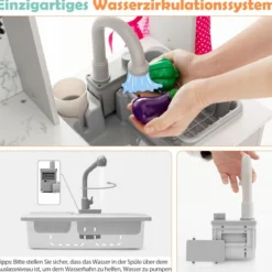 Holz Kinderküche mit Licht & Sound & Wasserspender & Waschmaschine & Zubehör Spielküche